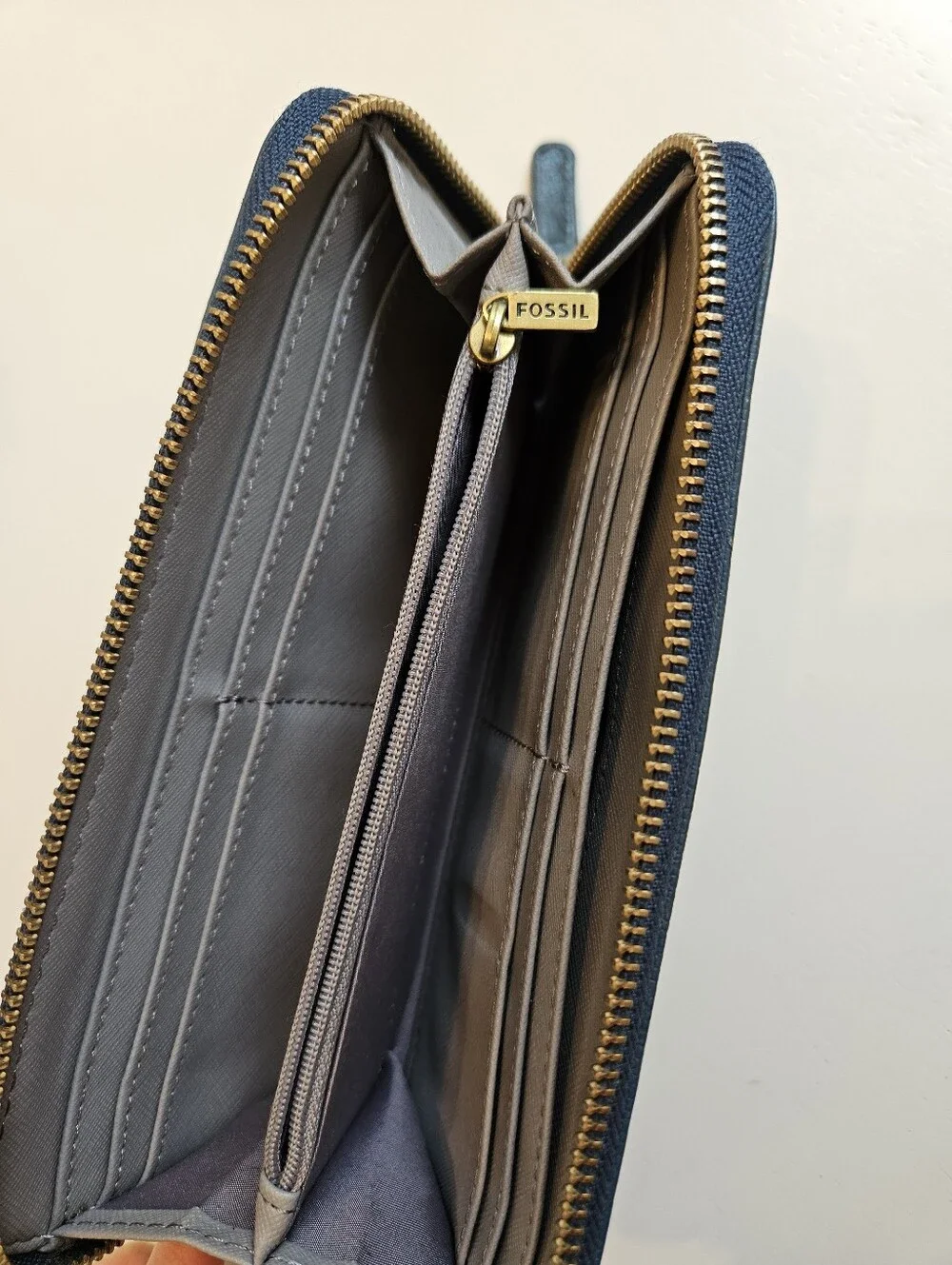 Fossil - Dark Blue Leather Zip-Around Wallet with Gold Logo